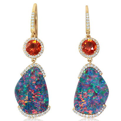 14K Yellow Gold Australian Opal Doublet/Fire Opal/Diamond Earrings , N' 14K Yellow Gold Australian Opal Doublet/Fire Opal/Diamond Earrings , N'