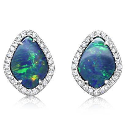14K White Gold Australian Opal Doublet/Diamond Earrings 14K White Gold Australian Opal Doublet/Diamond Earrings