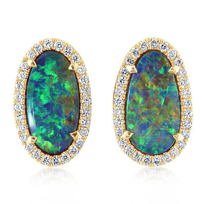 14K Yellow Gold Australian Opal Doublet/Diamond Earrings 14K Yellow Gold Australian Opal Doublet/Diamond Earrings