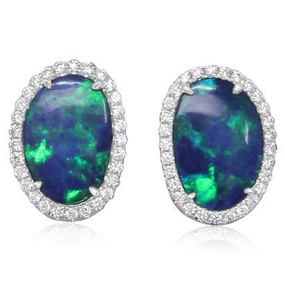 14K White Gold Australian Opal Doublet/Diamond Earrings 14K White Gold Australian Opal Doublet/Diamond Earrings
