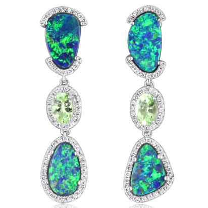 14K White Gold Australian Opal Doublet/Mint Garnet/Diamond Earrings 14K White Gold Australian Opal Doublet/Mint Garnet/Diamond Earrings