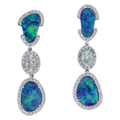 14K White Gold Australian Opal Doublet/Mint Garnet/Diamond Earrings 14K White Gold Australian Opal Doublet/Mint Garnet/Diamond Earrings