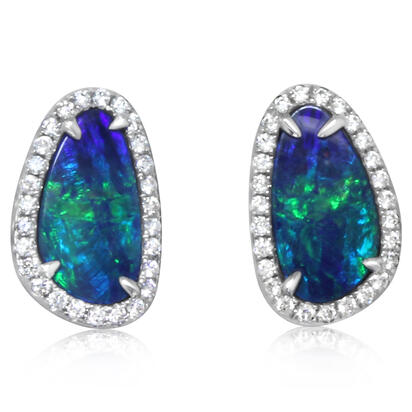 14K White Gold Australian Opal Doublet/Diamond Earrings 14K White Gold Australian Opal Doublet/Diamond Earrings