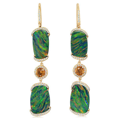 14K Yellow Gold Australian Boulder Opal/Mandarin Garnet/Diamond Earrings 14K Yellow Gold Australian Boulder Opal/Mandarin Garnet/Diamond Earrings