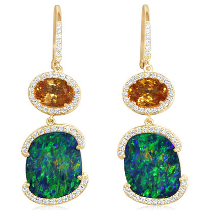 14K Yellow Gold Australian Opal Doublet/Mandarin Garnet/Diamond Earrings 14K Yellow Gold Australian Opal Doublet/Mandarin Garnet/Diamond Earrings