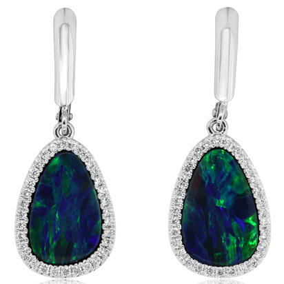 14K White Gold Australian Opal Doublet/Diamond Dangle Earrings 14K White Gold Australian Opal Doublet/Diamond Dangle Earrings