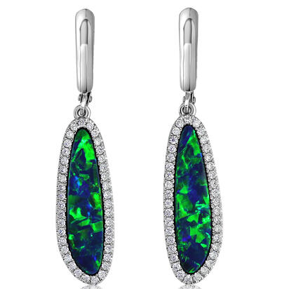 14K White Gold Australian Opal Doublet/Diamond Dangle Earrings 14K White Gold Australian Opal Doublet/Diamond Dangle Earrings