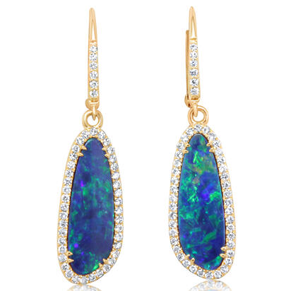14K Yellow Gold Australian Opal Doublet/Diamond Dangle Earrings 14K Yellow Gold Australian Opal Doublet/Diamond Dangle Earrings