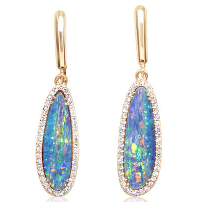 14K Yellow Gold Australian Opal Doublet/Diamond Dangle Earrings 14K Yellow Gold Australian Opal Doublet/Diamond Dangle Earrings