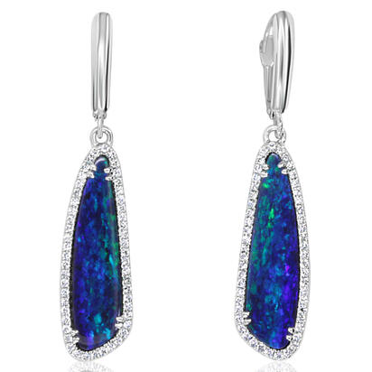 14K White Gold Australian Opal Doublet/Diamond Dangle Earrings 14K White Gold Australian Opal Doublet/Diamond Dangle Earrings