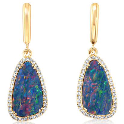 14K Yellow Gold Australian Opal Doublet/Diamond Dangle Earrings 14K Yellow Gold Australian Opal Doublet/Diamond Dangle Earrings