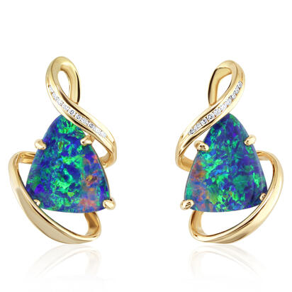 14K Yellow Gold Australian Opal Doublet/Diamond Earrings 14K Yellow Gold Australian Opal Doublet/Diamond Earrings