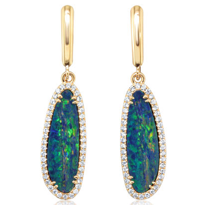 14K Yellow Gold Australian Opal Doublet/Diamond Dangle Earrings 14K Yellow Gold Australian Opal Doublet/Diamond Dangle Earrings