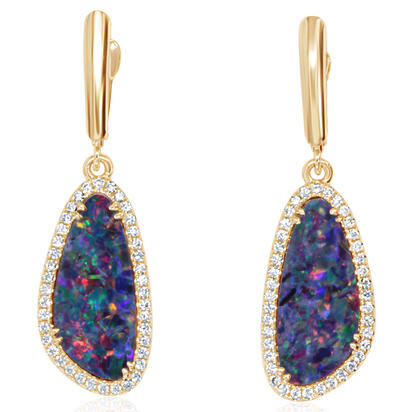 14K Yellow Gold Australian Opal Doublet/Diamond Dangle Earrings 14K Yellow Gold Australian Opal Doublet/Diamond Dangle Earrings