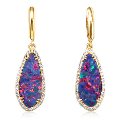 14K Yellow Gold Australian Opal Doublet/Diamond Dangle Earrings 14K Yellow Gold Australian Opal Doublet/Diamond Dangle Earrings