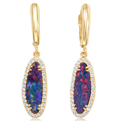 14K Yellow Gold Australian Opal Doublet/Diamond Dangle Earrings 14K Yellow Gold Australian Opal Doublet/Diamond Dangle Earrings