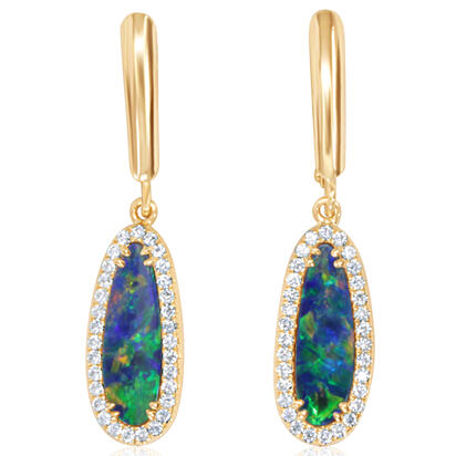 14K Yellow Gold Australian Opal Doublet/Diamond Dangle Earrings 14K Yellow Gold Australian Opal Doublet/Diamond Dangle Earrings