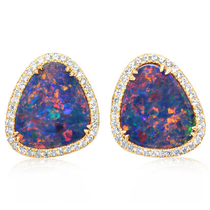 14K Yellow Gold Australian Opal Doublet/Diamond Earrings 14K Yellow Gold Australian Opal Doublet/Diamond Earrings