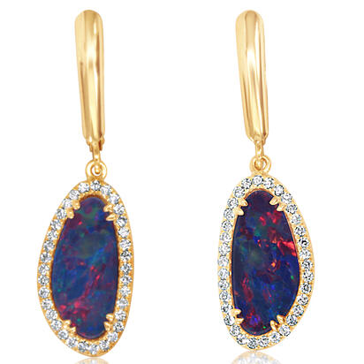 14K Yellow Gold Australian Opal Doublet/Diamond Dangle Earrings 14K Yellow Gold Australian Opal Doublet/Diamond Dangle Earrings