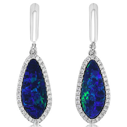 14K White Gold Australian Opal Doublet/Diamond Dangle Earrings 14K White Gold Australian Opal Doublet/Diamond Dangle Earrings