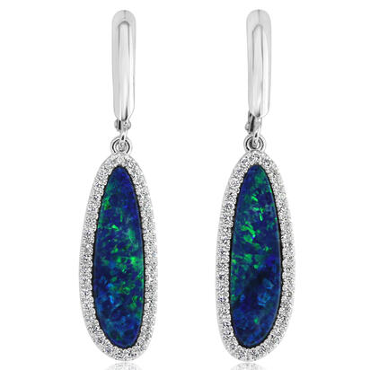 14K White Gold Australian Opal Doublet/Diamond Dangle Earrings 14K White Gold Australian Opal Doublet/Diamond Dangle Earrings