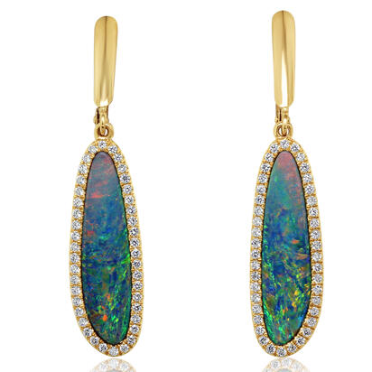 14K Yellow Gold Australian Opal Doublet/Diamond Dangle Earrings 14K Yellow Gold Australian Opal Doublet/Diamond Dangle Earrings