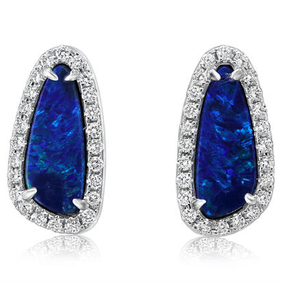 14K White Gold Australian Opal Doublet/Diamond Earrings 14K White Gold Australian Opal Doublet/Diamond Earrings
