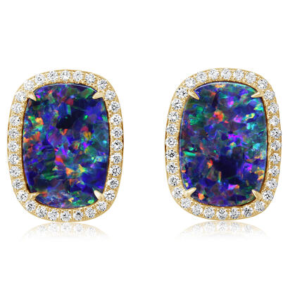 14K Yellow Gold Australian Opal Doublet/Diamond Earrings 14K Yellow Gold Australian Opal Doublet/Diamond Earrings