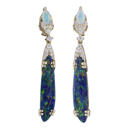 14K Yellow Gold Australian Opal Doublet/Australian Opal/Diamond Earing ,N 14K Yellow Gold Australian Opal Doublet/Australian Opal/Diamond Earing ,N