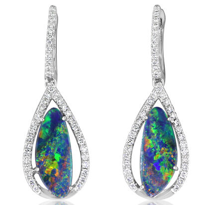 14K White Gold Australian Opal Doublet/Diamond Earrings 14K White Gold Australian Opal Doublet/Diamond Earrings