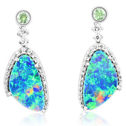 14K White Gold Australian Opal Doublet/Mint Garnet/Diamond Earrings 14K White Gold Australian Opal Doublet/Mint Garnet/Diamond Earrings