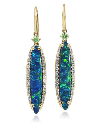 14K Yellow Gold Australian Opal Doublet/Mint Garnet/Diamond Earing 14K Yellow Gold Australian Opal Doublet/Mint Garnet/Diamond Earing