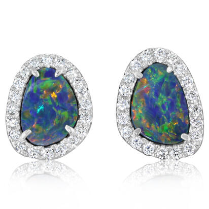 14K White Gold Australian Opal Doublet/Diamond Earrings 14K White Gold Australian Opal Doublet/Diamond Earrings