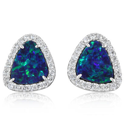 14K White Gold Australian Opal Doublet/Diamond Earrings 14K White Gold Australian Opal Doublet/Diamond Earrings