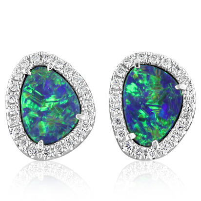 14K White Gold Australian Opal Doublet/Diamond Earrings 14K White Gold Australian Opal Doublet/Diamond Earrings