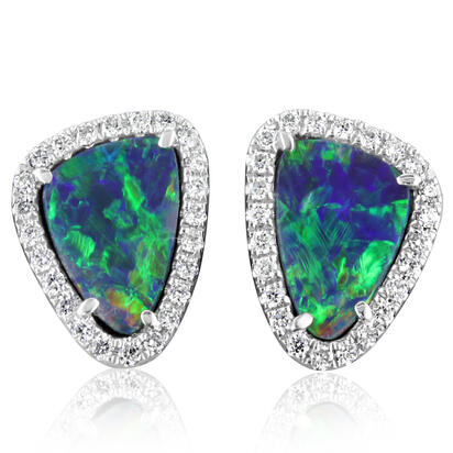14K White Gold Australian Opal Doublet/Diamond Earrings 14K White Gold Australian Opal Doublet/Diamond Earrings