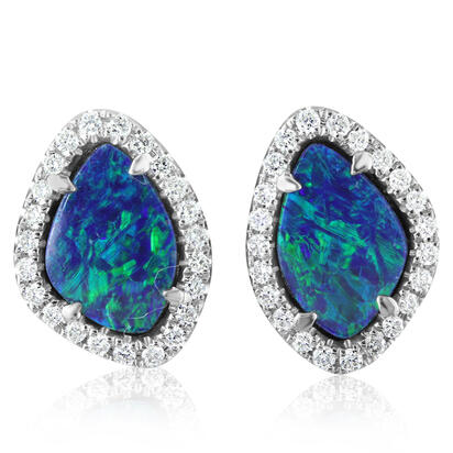 14K White Gold Australian Opal Doublet/Diamond Earrings 14K White Gold Australian Opal Doublet/Diamond Earrings