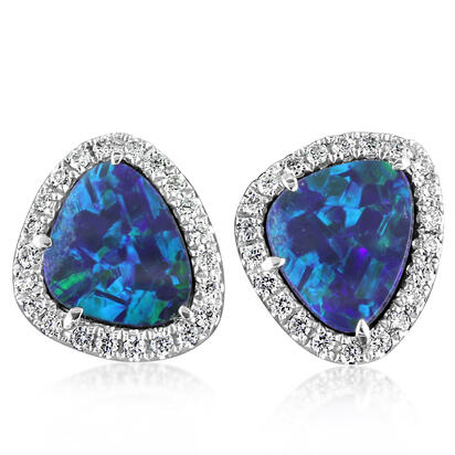 14K White Gold Australian Opal Doublet/Diamond Earrings 14K White Gold Australian Opal Doublet/Diamond Earrings