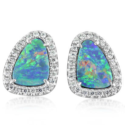 14K White Gold Australian Opal Doublet/Diamond Earrings 14K White Gold Australian Opal Doublet/Diamond Earrings
