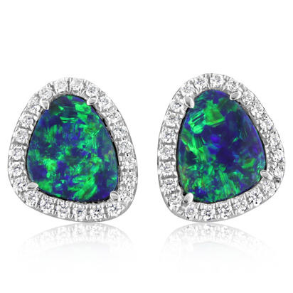 14K White Gold Australian Opal Doublet/Diamond Earrings 14K White Gold Australian Opal Doublet/Diamond Earrings