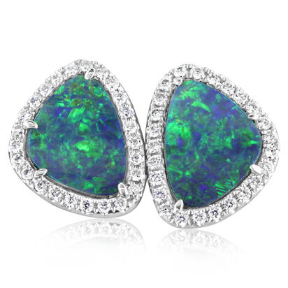 14K White Gold Australian Opal Doublet/Diamond Earrings 14K White Gold Australian Opal Doublet/Diamond Earrings