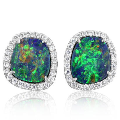14K White Gold Australian Opal Doublet/Diamond Earrings 14K White Gold Australian Opal Doublet/Diamond Earrings