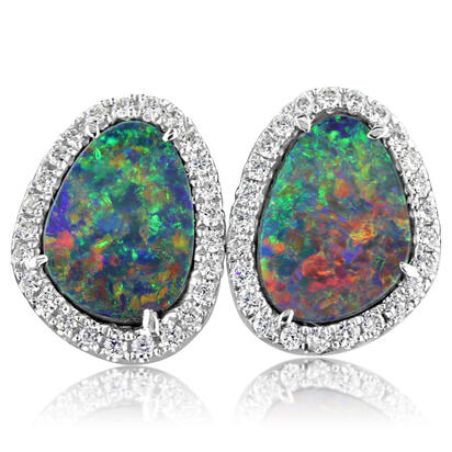 14K White Gold Australian Opal Doublet/Diamond Earrings 14K White Gold Australian Opal Doublet/Diamond Earrings