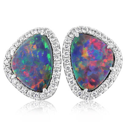 14K White Gold Australian Opal Doublet/Diamond Earrings 14K White Gold Australian Opal Doublet/Diamond Earrings