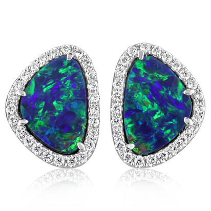 14K White Gold Australian Opal Doublet/Diamond Earrings 14K White Gold Australian Opal Doublet/Diamond Earrings