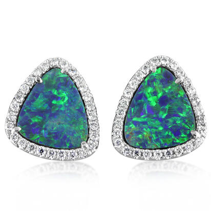 14K White Gold Australian Opal Doublet/Diamond Earrings 14K White Gold Australian Opal Doublet/Diamond Earrings