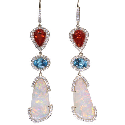 14K Yellow Gold Australian Opal/Fire Opal/Apatite/Diamond Earrings 14K Yellow Gold Australian Opal/Fire Opal/Apatite/Diamond Earrings