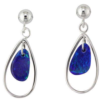 14K White Gold Australian Opal Doublet Dangle Earrings 14K White Gold Australian Opal Doublet Dangle Earrings