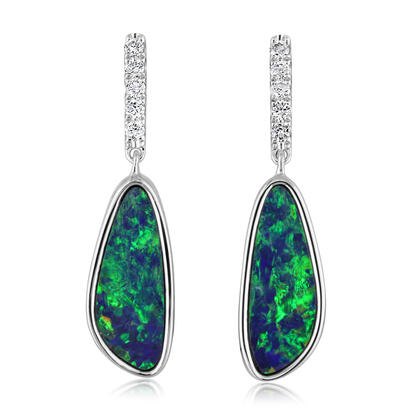 14K White Gold Australian Opal Doublet/Diamond Earrings 14K White Gold Australian Opal Doublet/Diamond Earrings