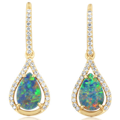 14K Yellow Gold Australian Opal Doublet/Diamond Earrings 14K Yellow Gold Australian Opal Doublet/Diamond Earrings